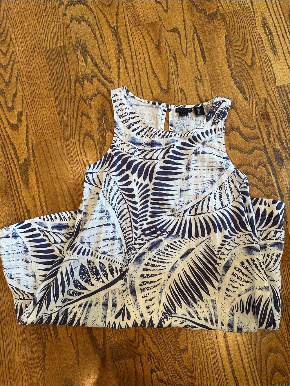 100% Linen Women’s Sleeveless Printed Dress Tahari - White & Navy size Small